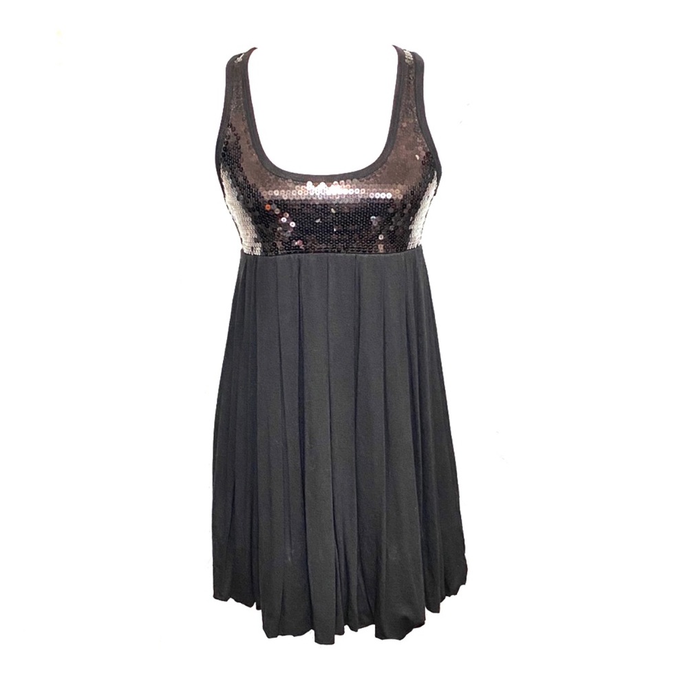 Black sequin bodice scoop neck racerback fit and flare mini tank dress